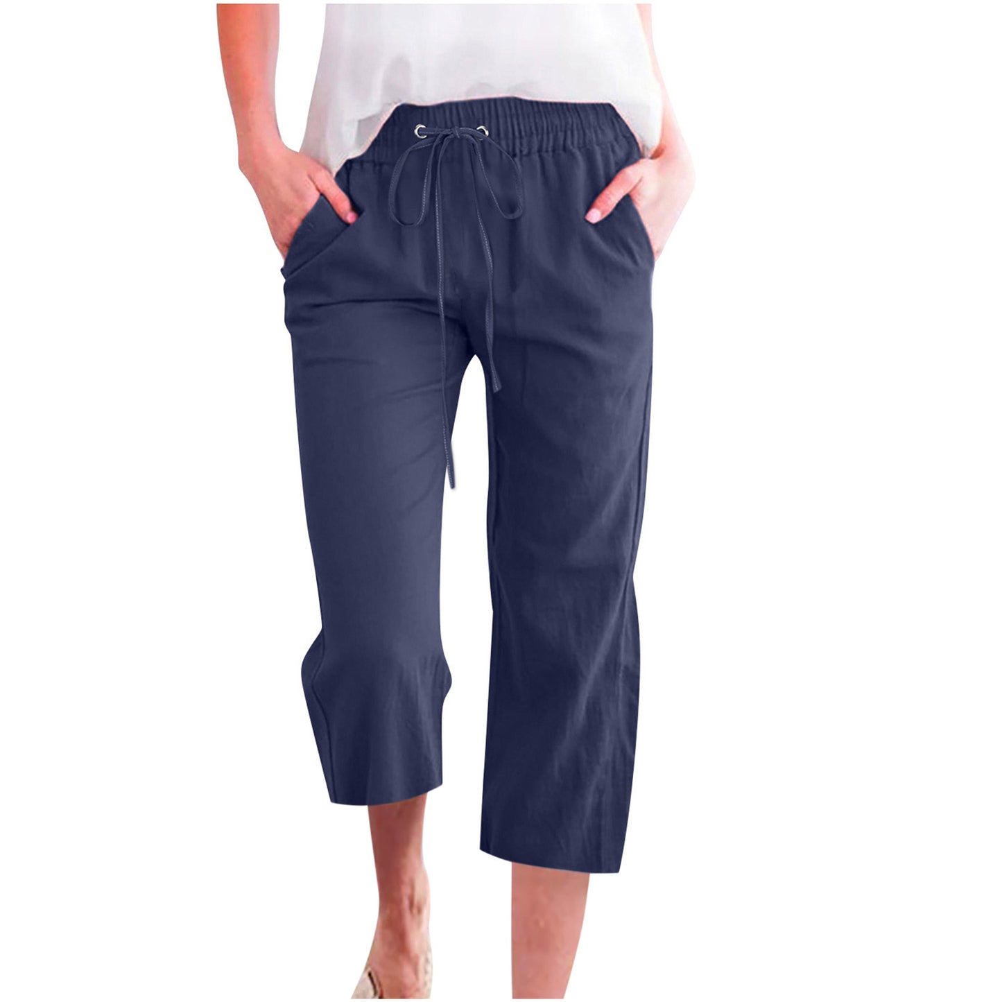 Pantalon décontracté ample en coton et lin pour femme avec poches droites