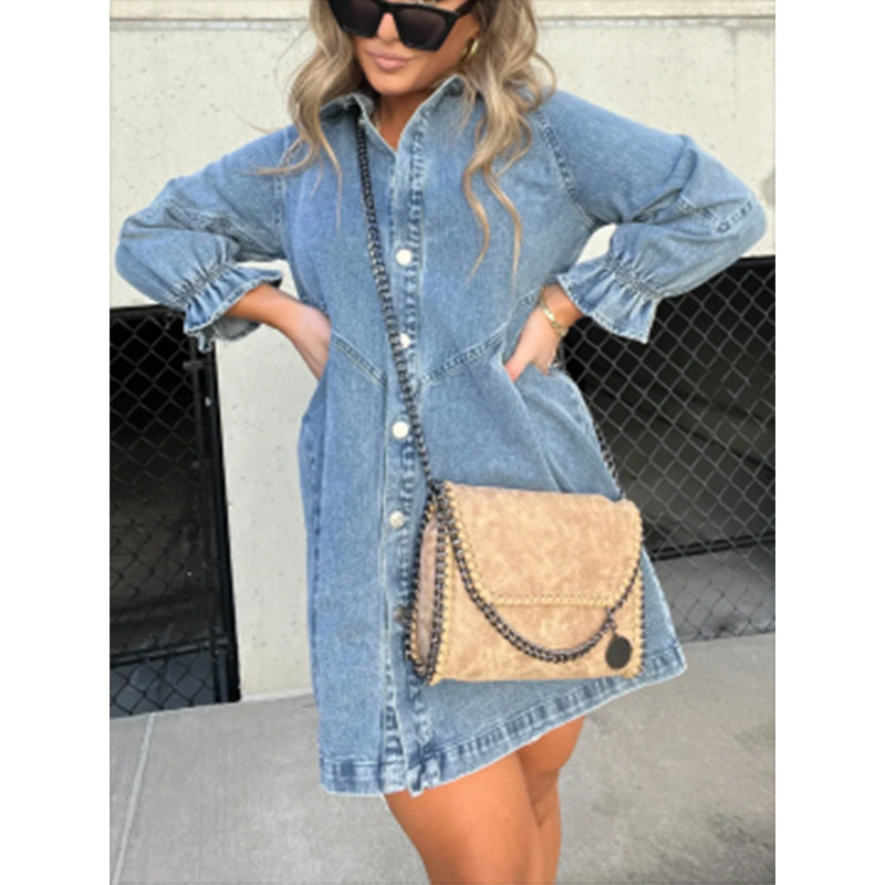 Washed Shirt Denim Lantern Sleeve Loose Dresses