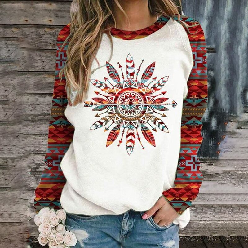 Women's Retro Printed Geometric Pattern Round Neck Long Sweaters