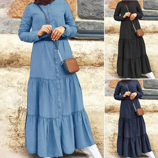 British Denim Dress Stand Collar Buttons Dresses