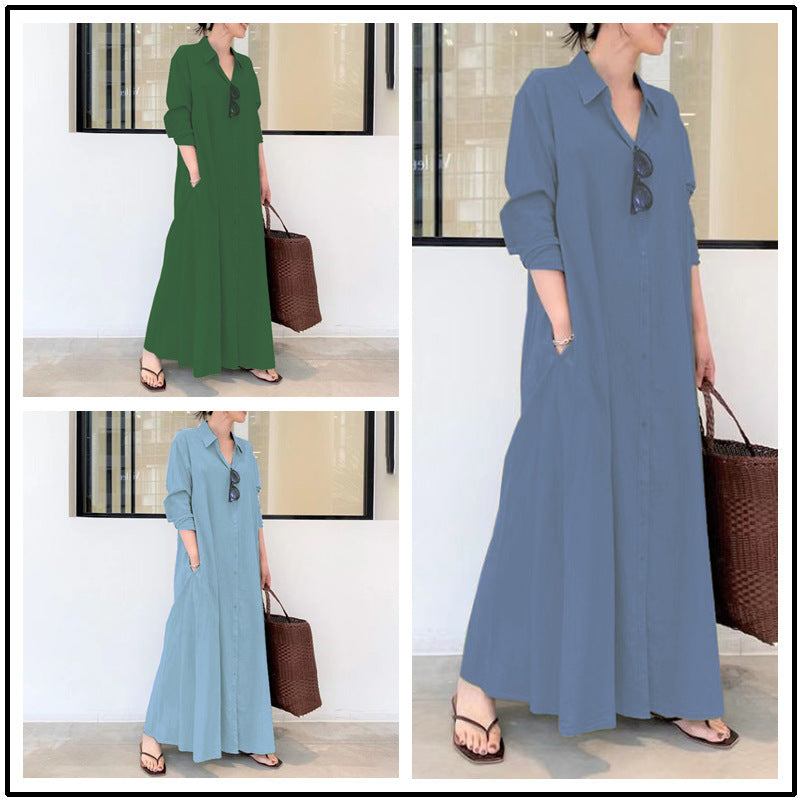 Women's Casual Loose Wear Solid Color Lapel Long Sleeve Dresses