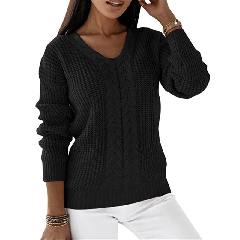 Women's Long Sleeve V-neck Solid Color Twist Casual Knitted Sweaters