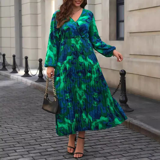 Robe longue plissée à taille serrée pour l'automne