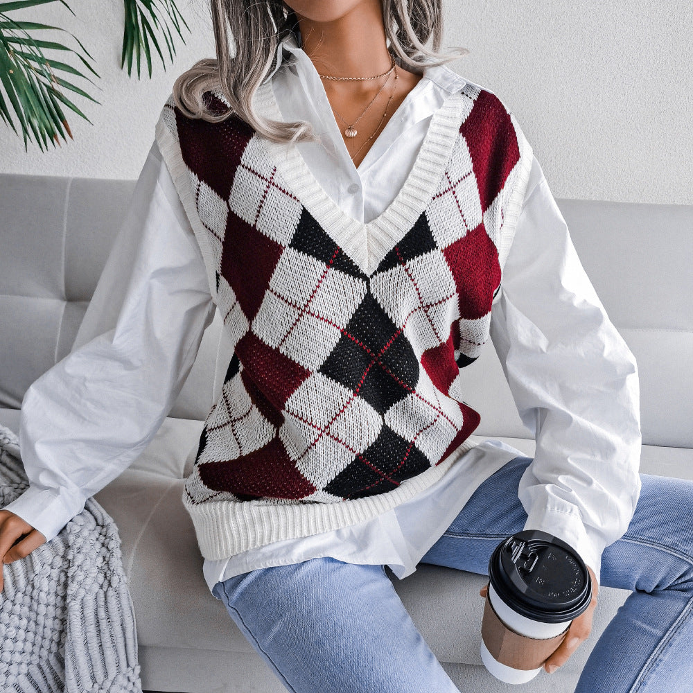 Women's College Rhombus V-neck Casual Loose Knitted Sweaters