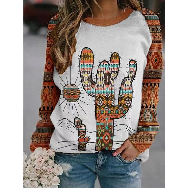 Women's Retro Printed Geometric Pattern Round Neck Long Sweaters