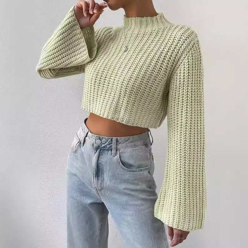 Women's Color High Waist Bell Sleeve Half Sweaters