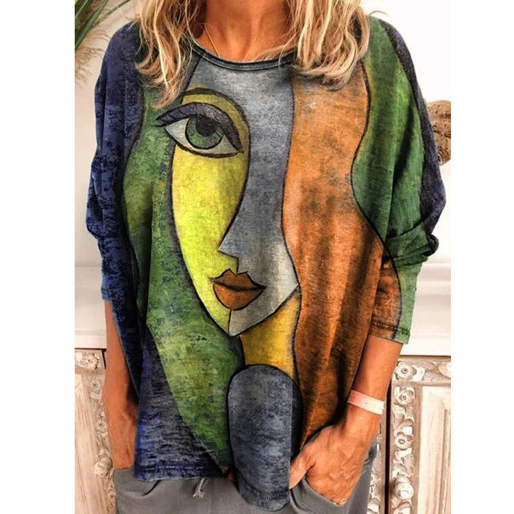 Women's Large Print Long Sleeve Loose T-shirt Blouses