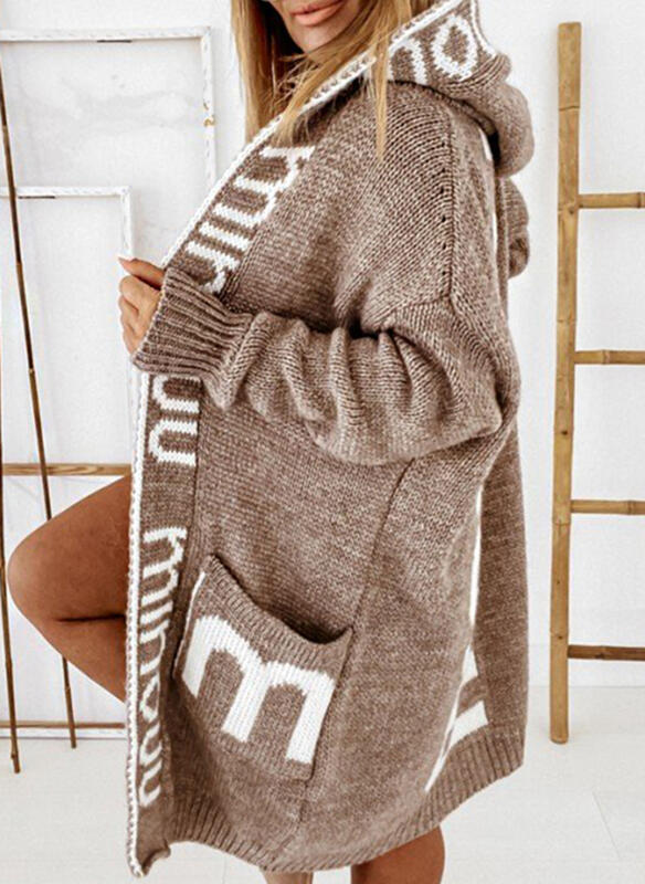 Versatile Women's Mid-length Hooded Letter Knitted Sweaters