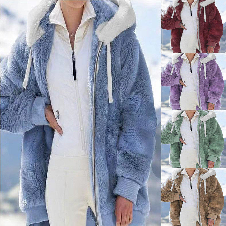 Women's Loose Plush Zipper Hooded For Sweaters