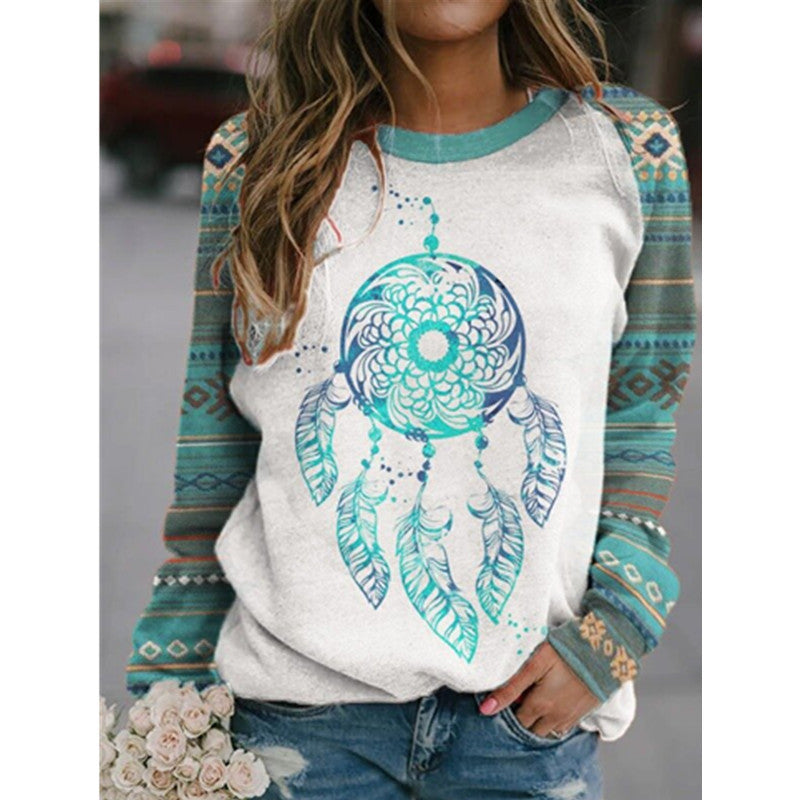 Women's Retro Printed Geometric Pattern Round Neck Long Sweaters