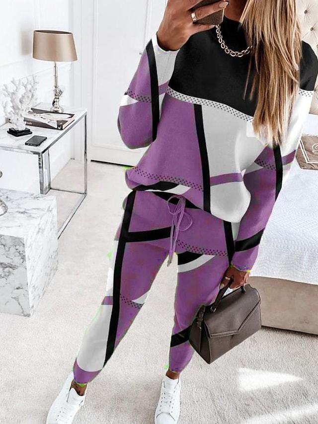 Women's Printing Color Contrast Long Sleeve Crew Suits