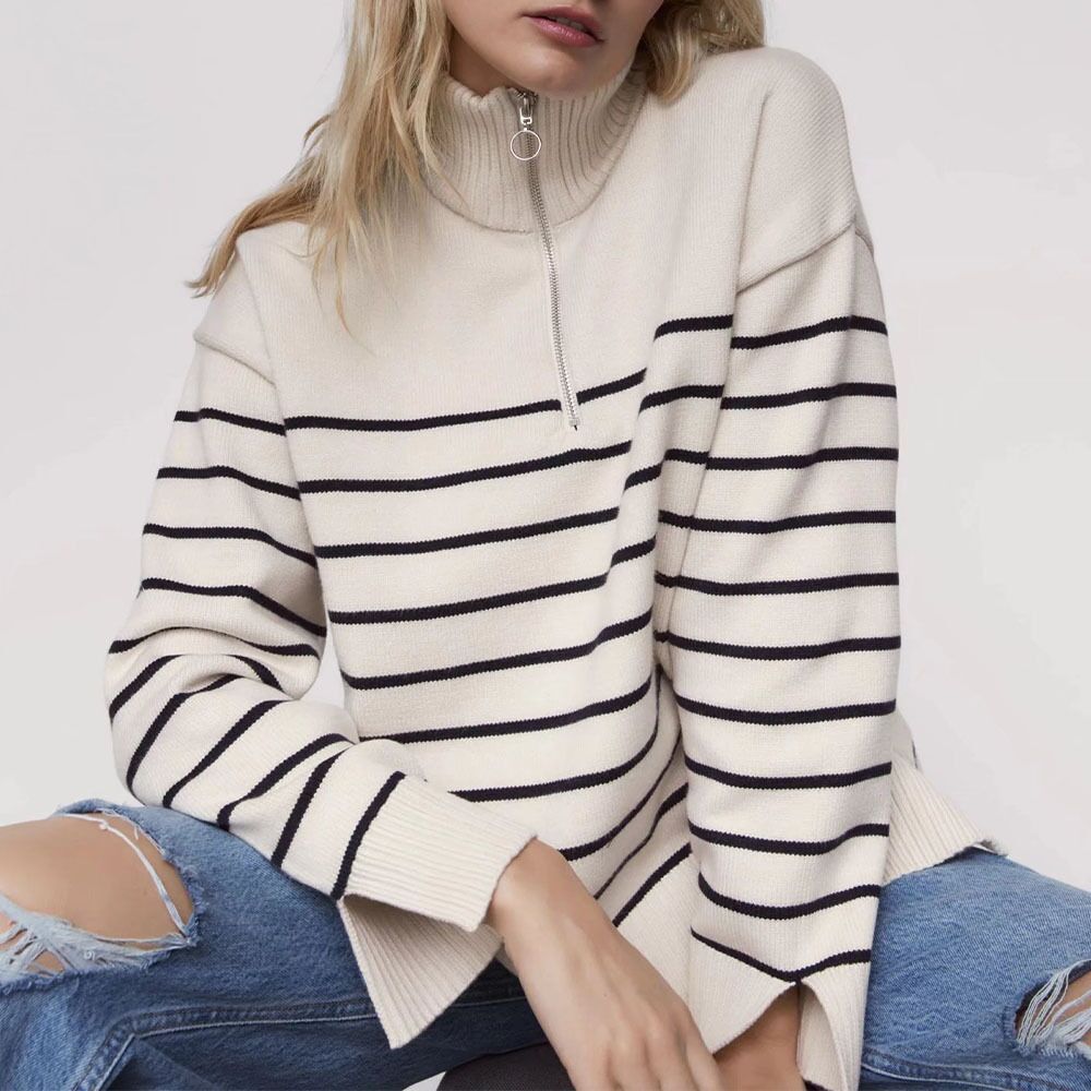 Trendy Half Turtleneck Loose Striped Knitted Sweaters