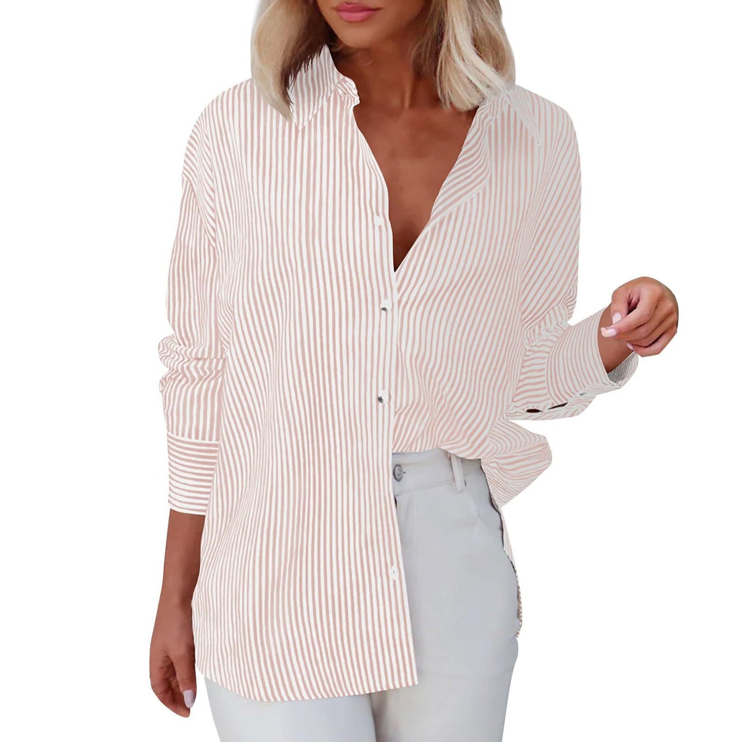 Women's With Pocket Loose Striped Classic Long Blouses