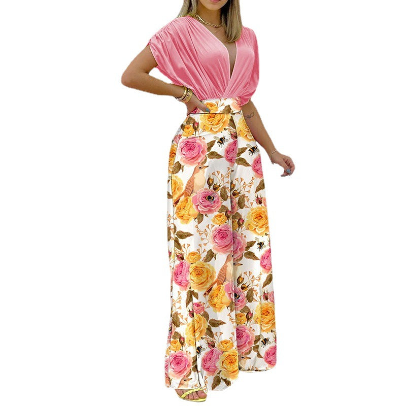 Women's Summer Elegant V-neck Printed Wide-leg Casual High Suits