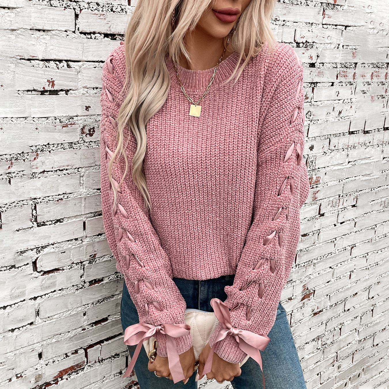 Women's Bow Pullover Loose Casual Long Sleeves Sweaters