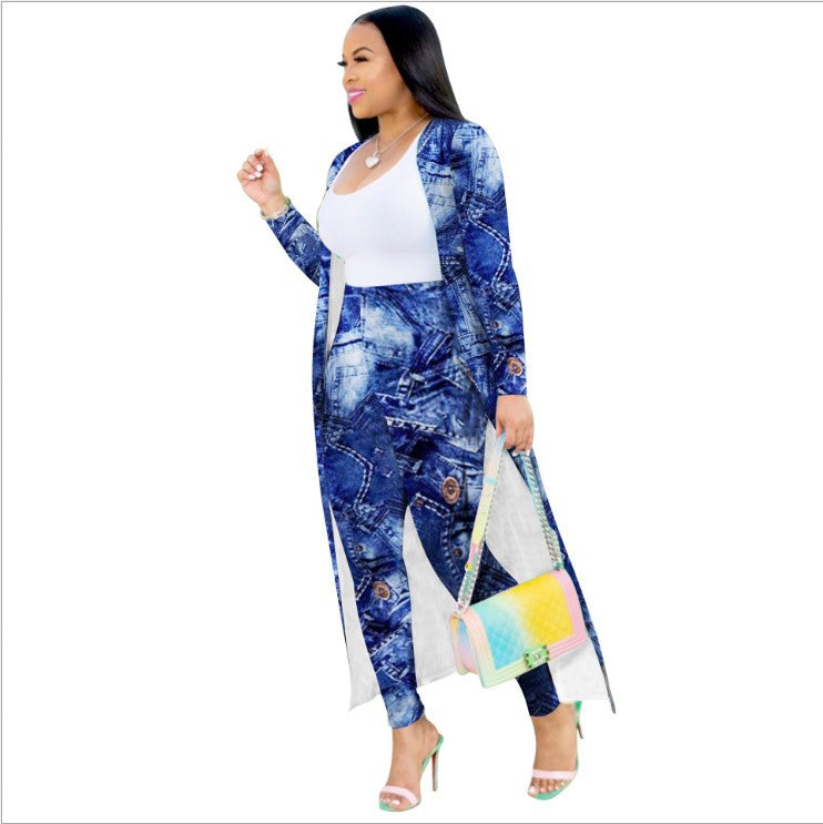 Women's New Long-sleeved Printed Cloak Two-piece Suits