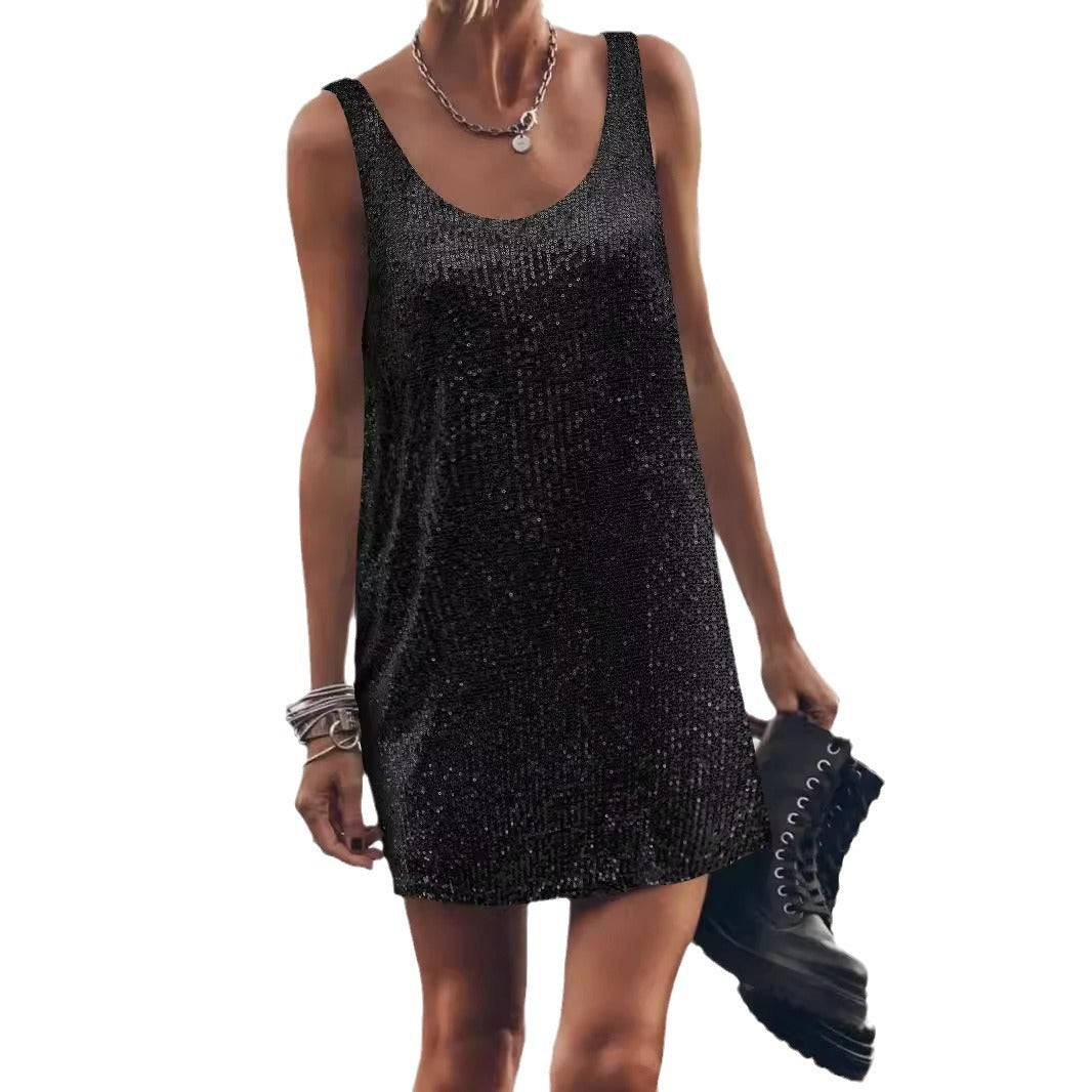 Women's Sleeveless Loose Backless Dress Casual Sequin Dresses