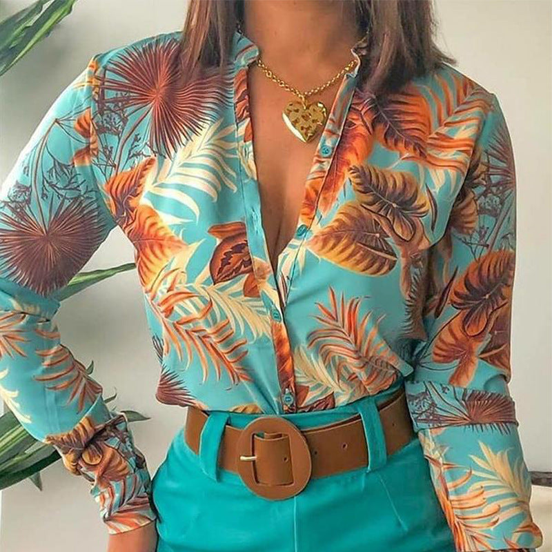 Women's Fashion Digital Printing Collar Long Sleeve Tops