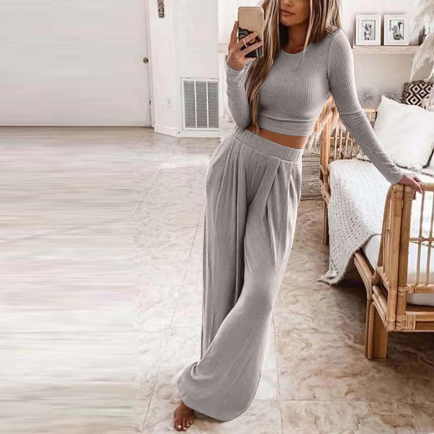 Women's Solid Color Knit Casual Home Two-piece Suits