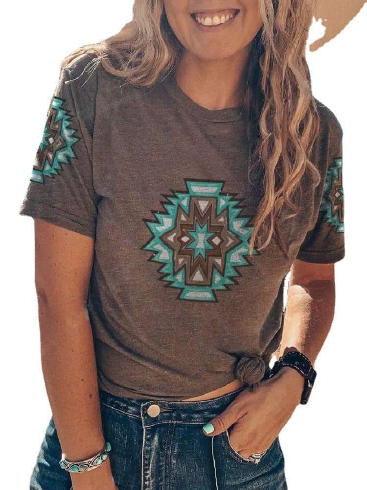 Women's Fashion Round Neck Digital Printing Western Blouses