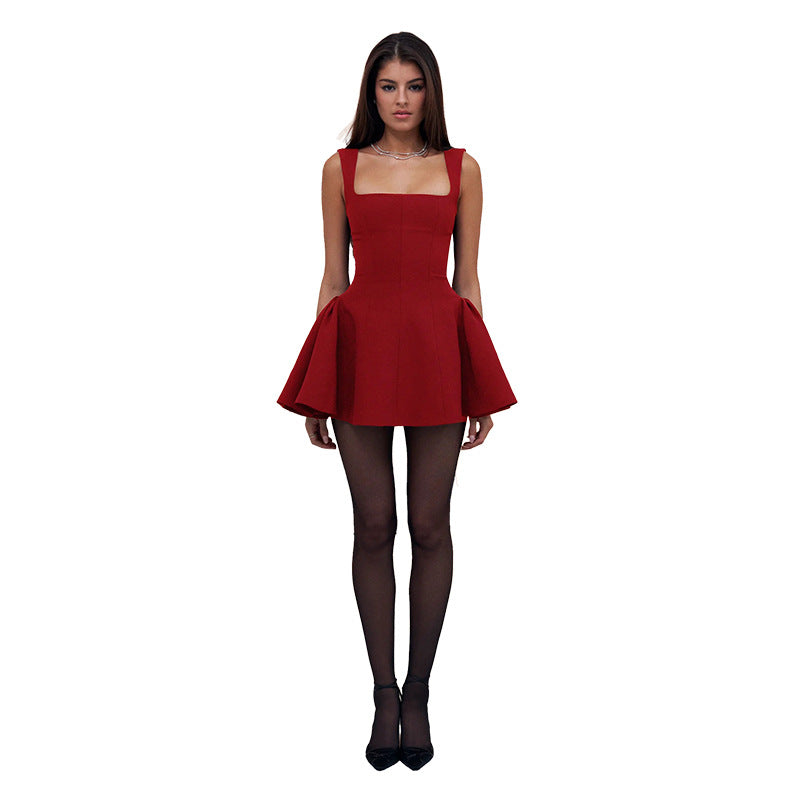 Women's Tight Waist Swing Dress Square Collar Dresses