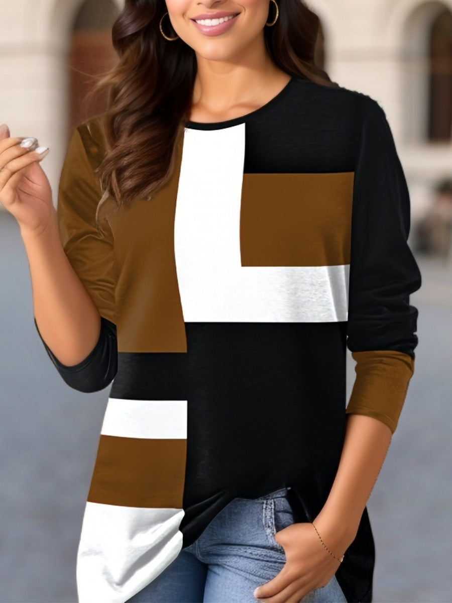 Women's Geometric Color Matching Long-sleeved T-shirt Blouses