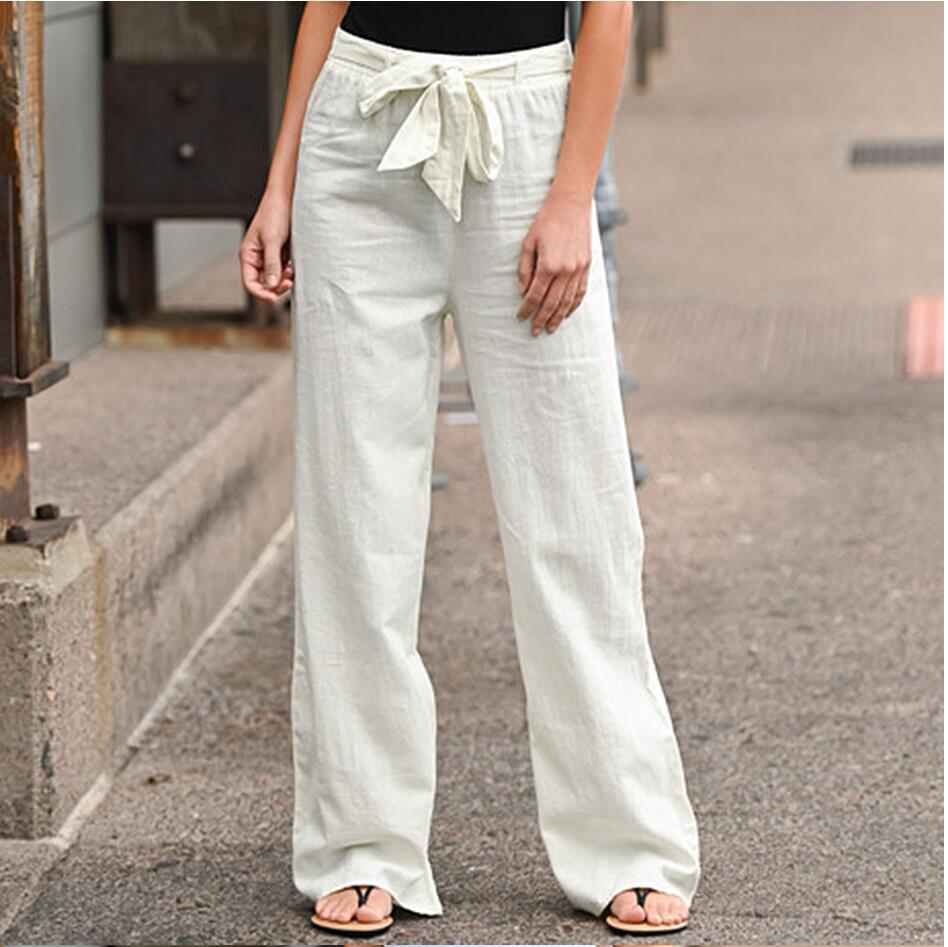 Women's Summer Elastic Waist Solid Color Cotton Linen Wide Pants