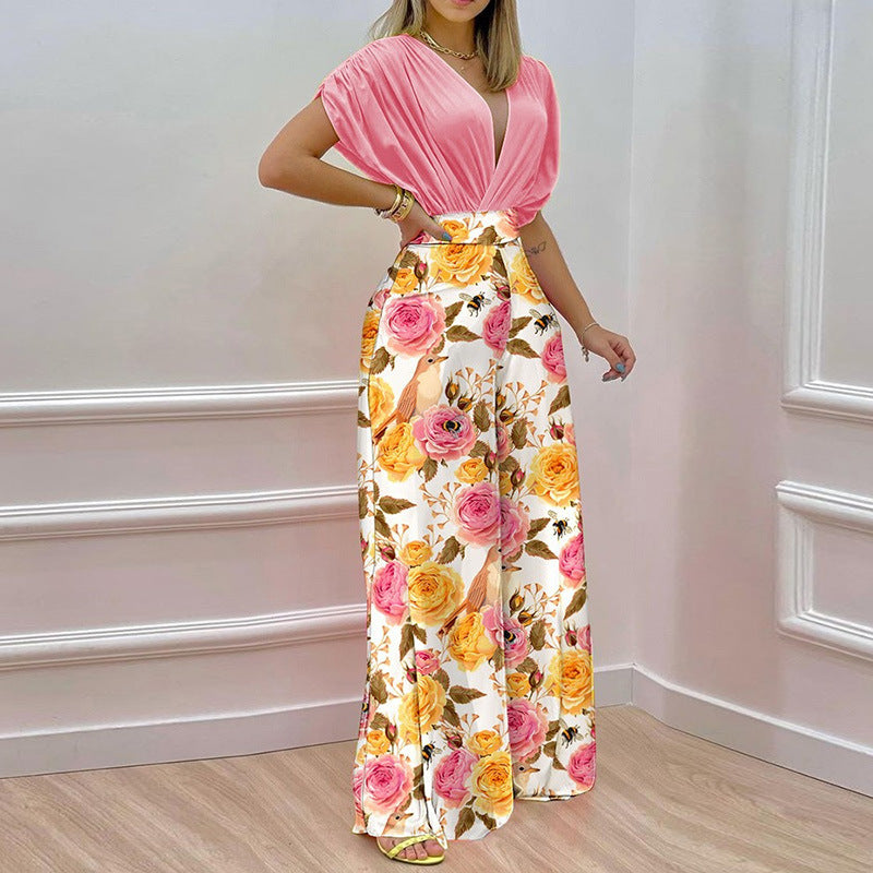 Women's Summer Elegant V-neck Printed Wide-leg Casual High Suits