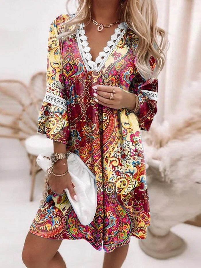 Spring V-neck Printed Lace Stitching Bohemian Casual Dresses