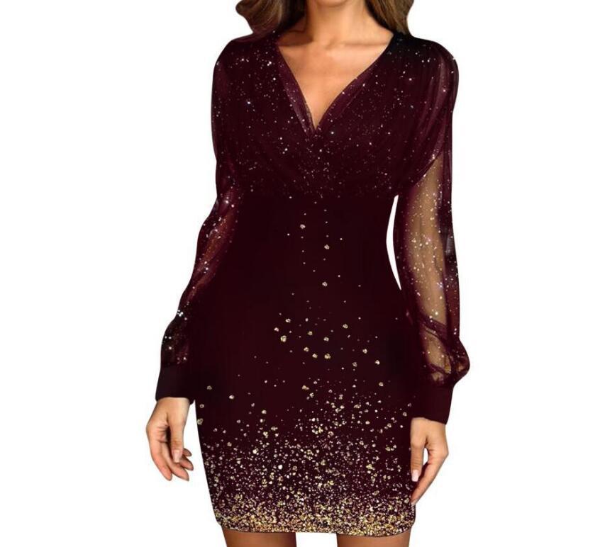 V-neck Sequined Slim Fit Sexy Print Dresses