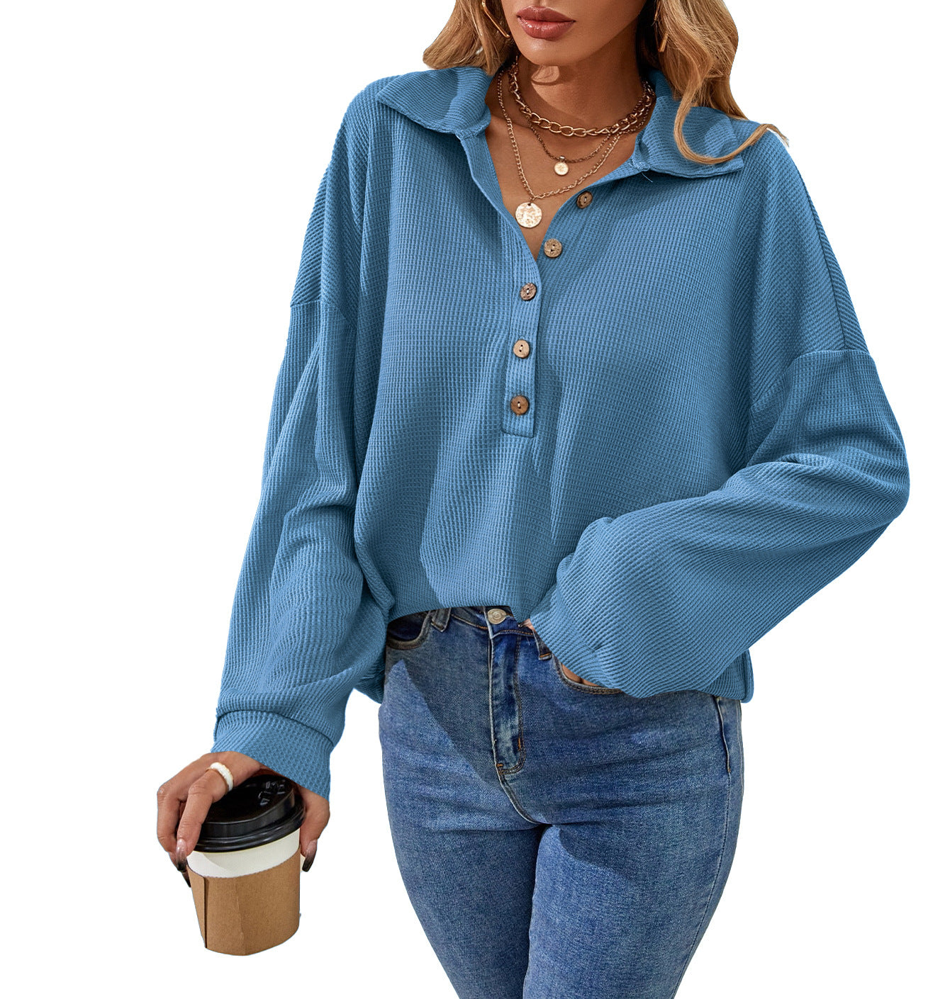 Women's Lapel Button Solid Color Long-sleeved T-shirt Blouses