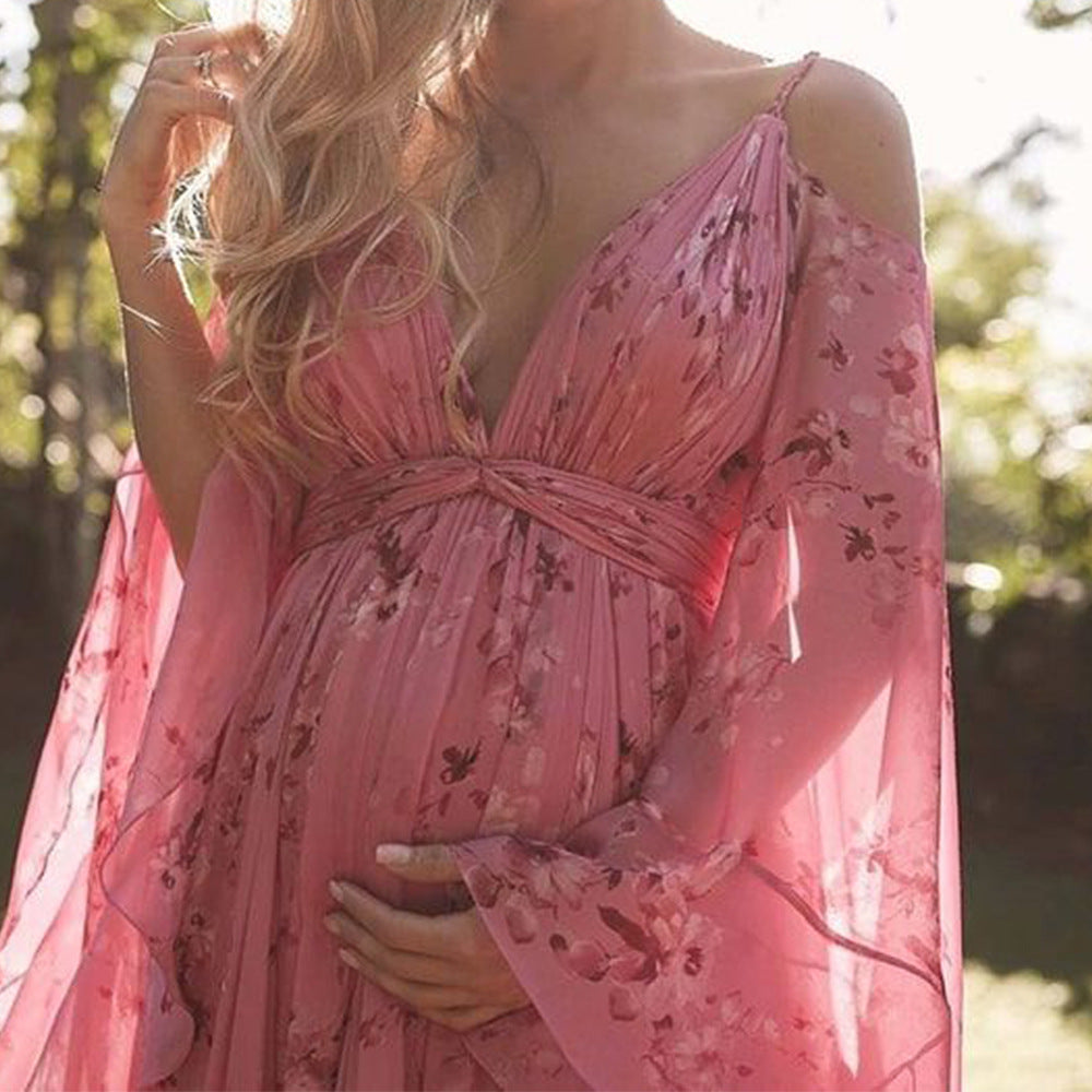 Women's V-neck Floral Long Pregnant Large Swing Dresses