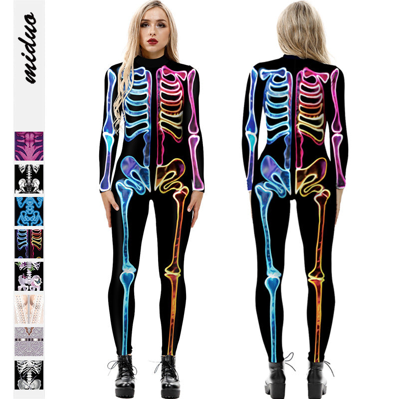 Women's Skeleton Digital Printing Halloween Tight Long Jumpsuits