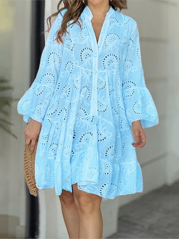 Solid Color Loose Embroidered Cutout Lace Dresses