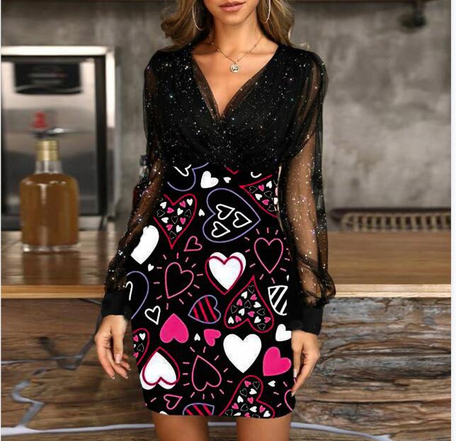 V-neck Sequined Slim Fit Sexy Print Dresses