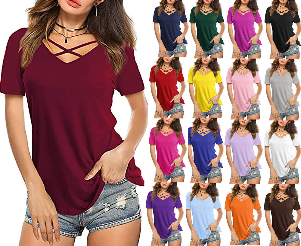 Women's Front Chest Cross Sleeve Loose T-shirt Shorts