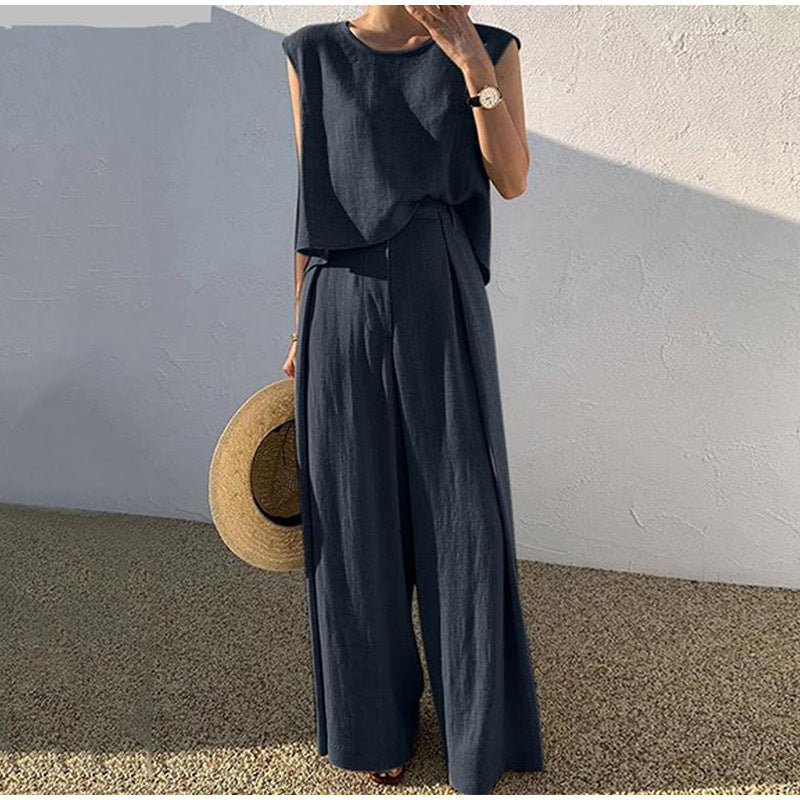 Women's Linen Loose Two-piece Sleeveless Wide Leg Suits