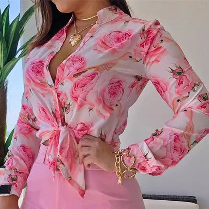 Women's Fashion Digital Printing Collar Long Sleeve Tops