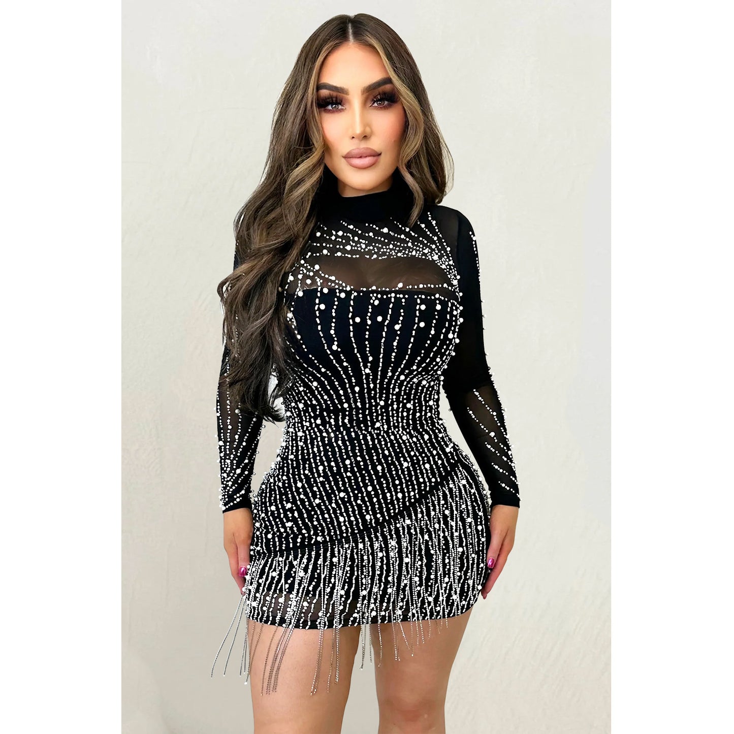 Women's Wear Long Sleeve Mesh Hot Drilling Dresses