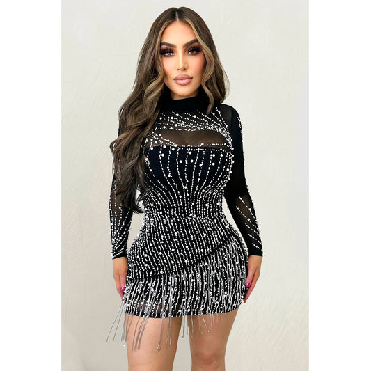 Women's Wear Long Sleeve Mesh Hot Drilling Dresses