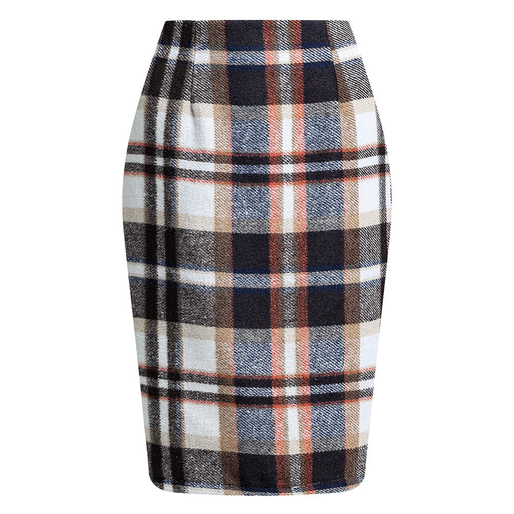 Women's Tartan High Waist Tight Knee-length Wool Skirts