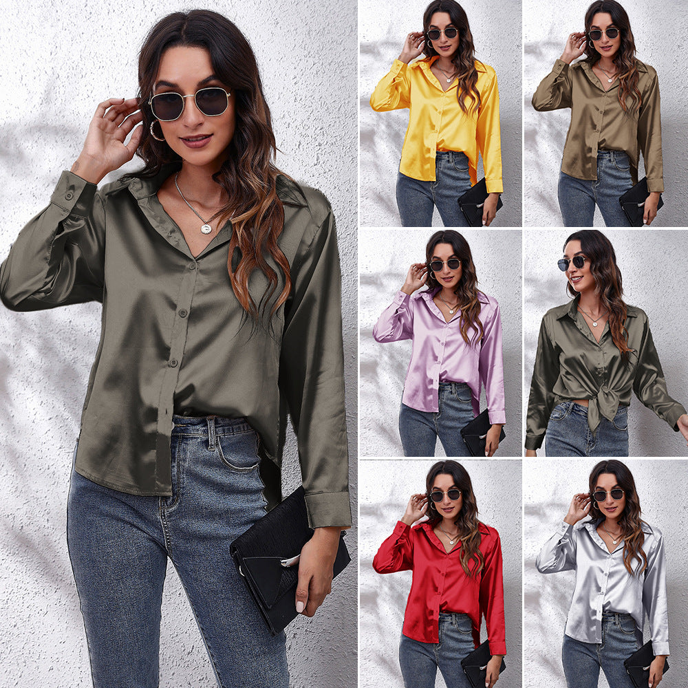 Women's Fashion Attractive Satin Shirt Long-sleeved Blouses