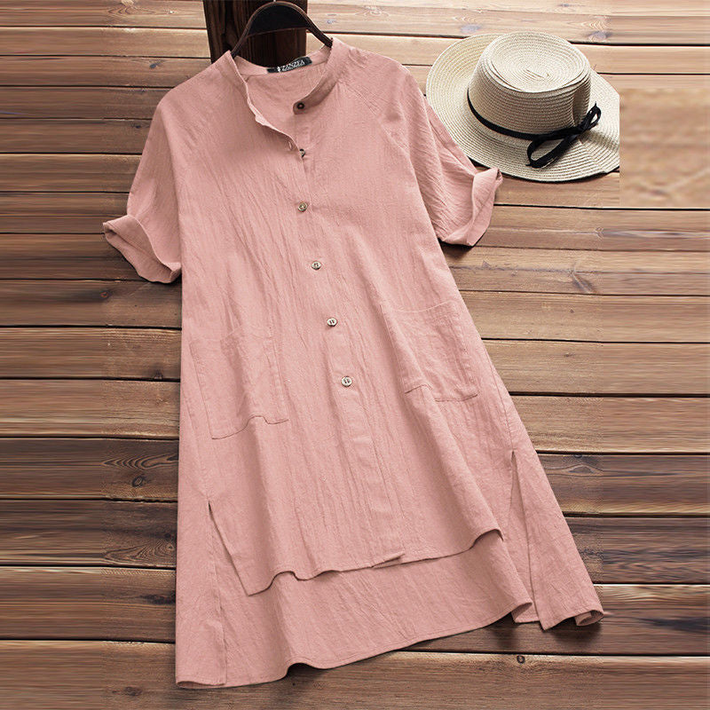 Women's Casual Raglan Sleeve Button Pocket Cotton Dresses