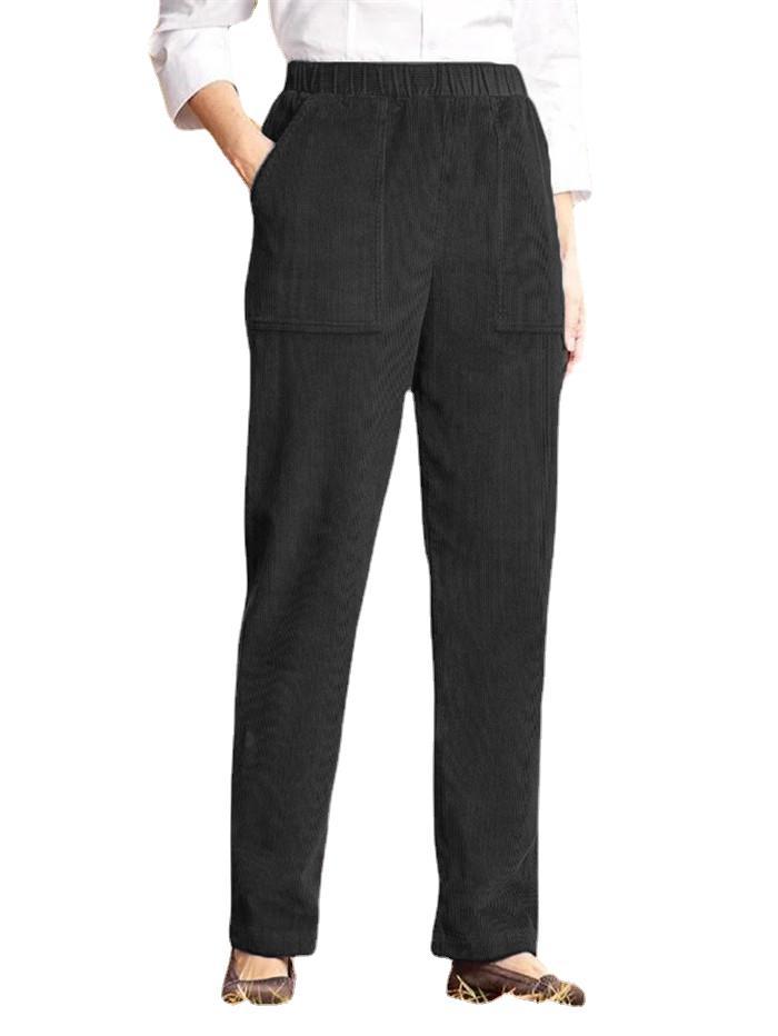 Pantalon droit rayé à taille élastique de couleur unie pour femme