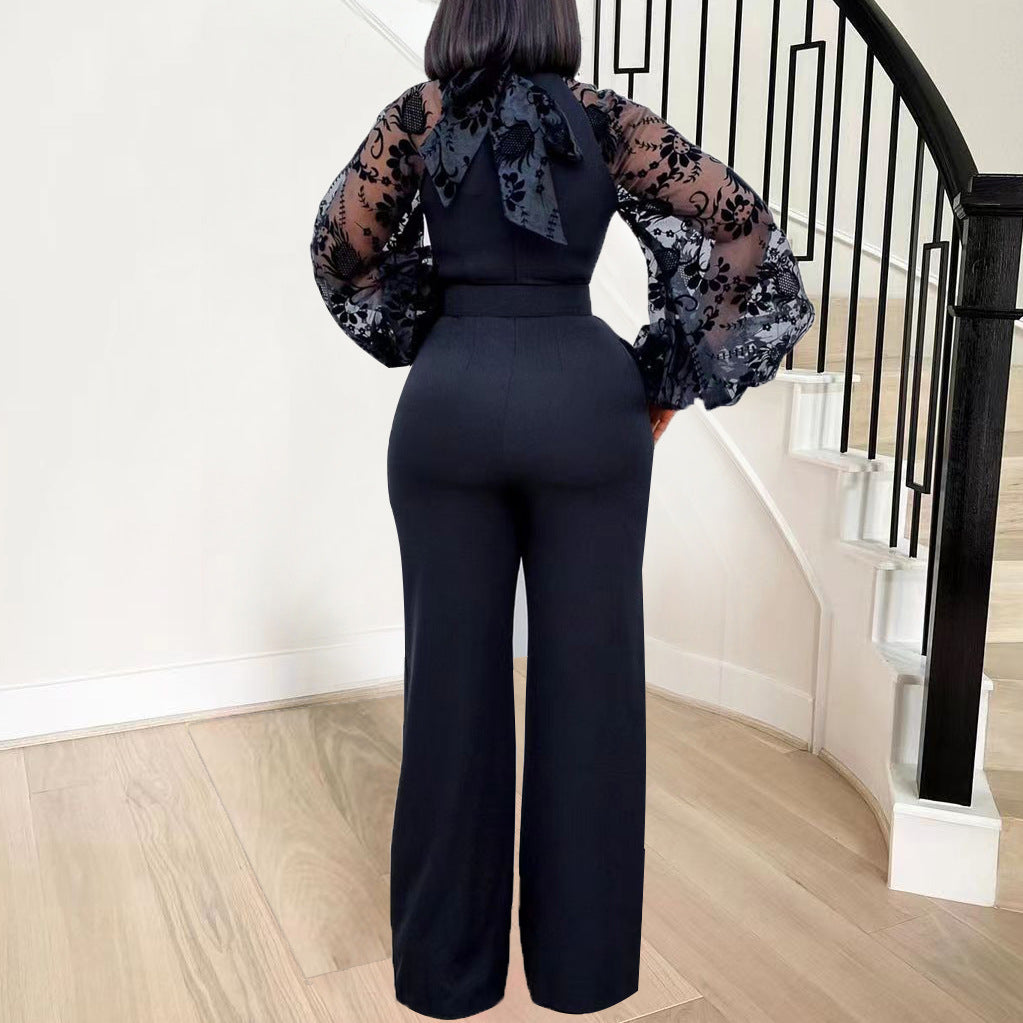 Pantalon large slim à col montant et manches lanternes en gaze pour femme