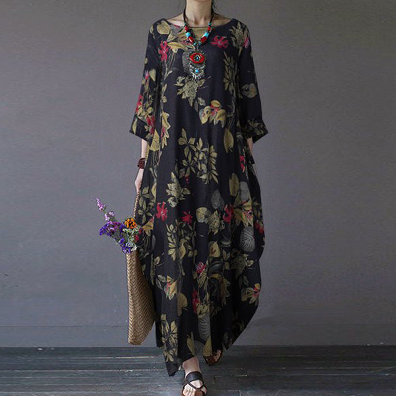 Women's Large Cotton Linen Printed Retro Pullover Dresses