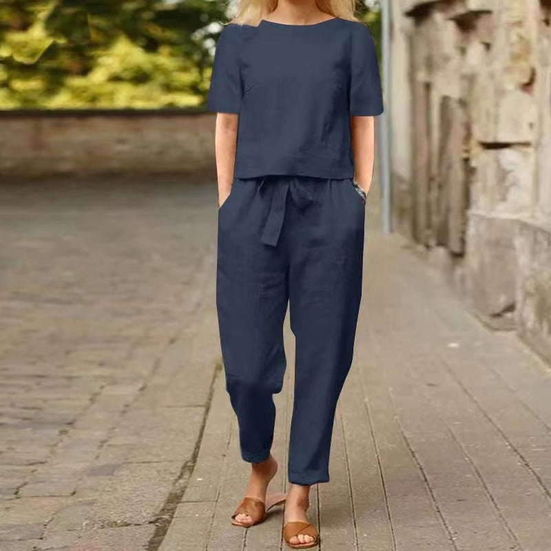 Women's Cotton Linen Summer Matching Half Sleeve Oversized Wide Suits