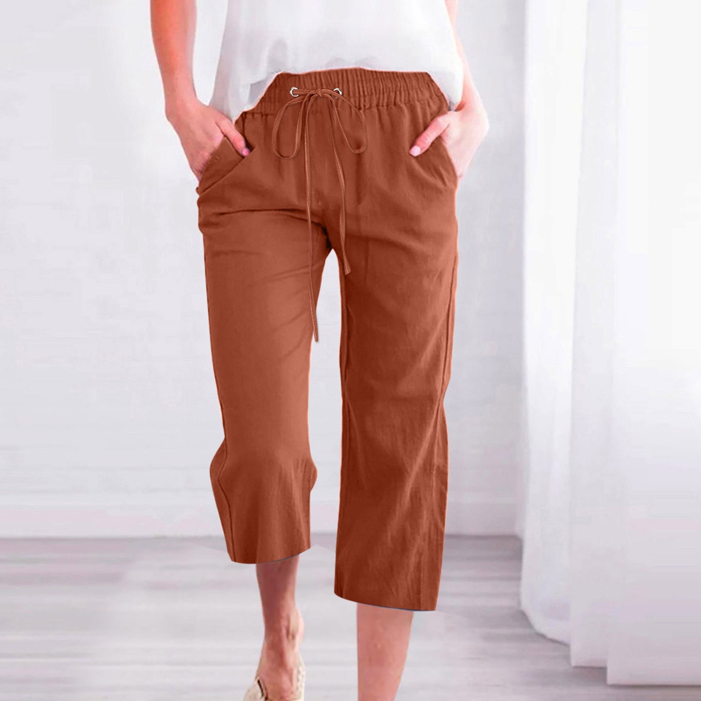 Pantalon décontracté ample en coton et lin pour femme avec poches droites