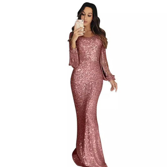 Women's Long Dress Sleeve Tassel Dinner Party Dresses