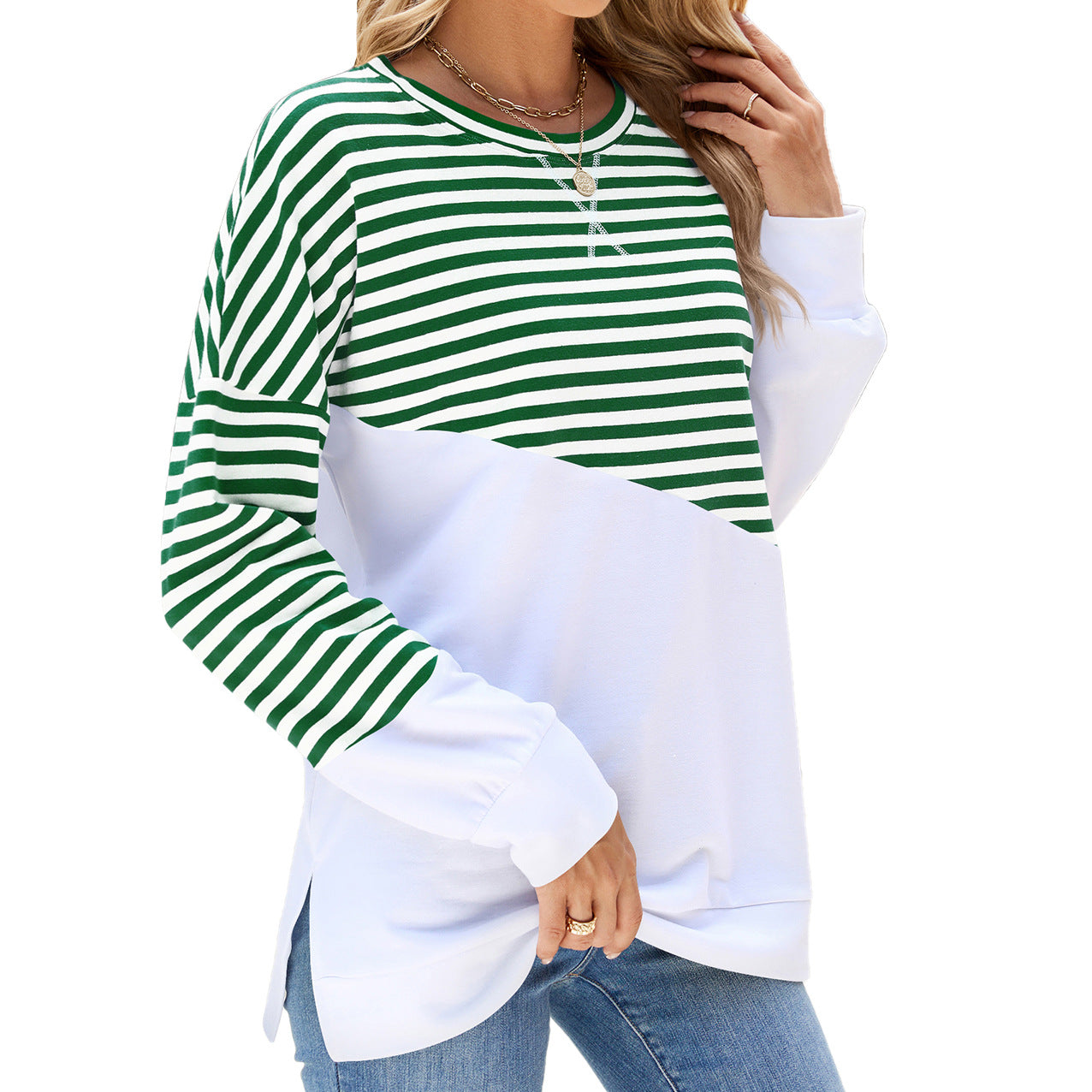 Women's Solid Color Round Neck Contrast Striped Sweaters